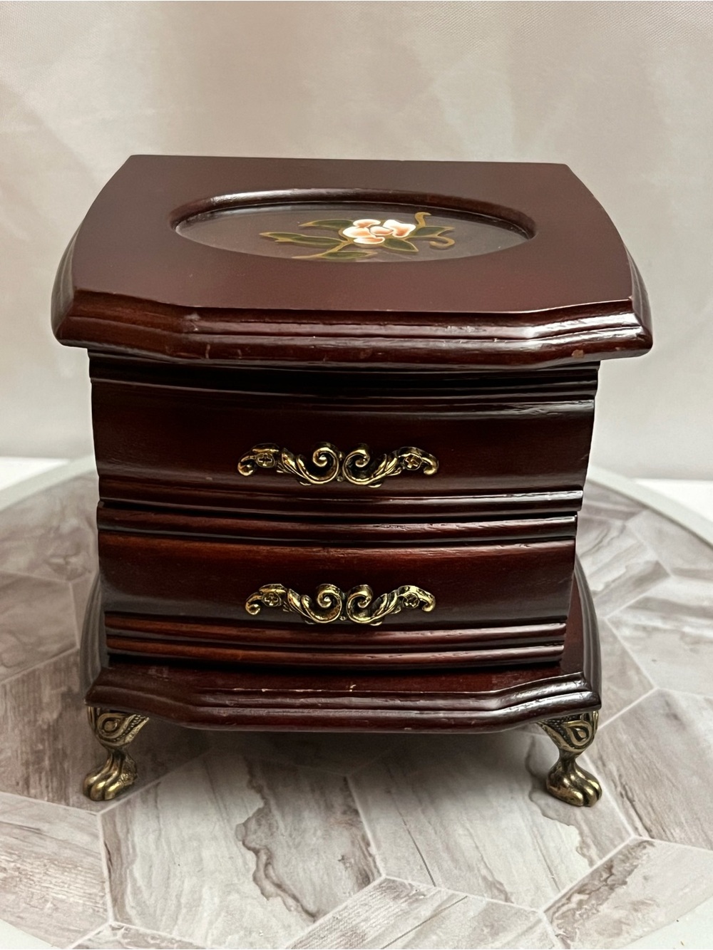 Vintage Style Wooden Jewelry Box 2 Drawer Floral Glass Top Brass Tone Feet